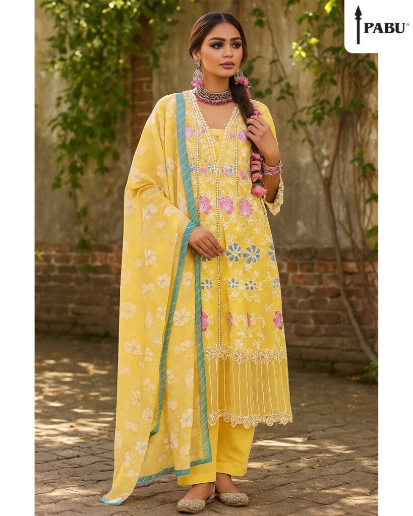 A breezy yellow suit set adorned with delicate floral embroidery and a printed dupatta, perfect for festive daytime elegance. Lightweight, vibrant, and effortlessly graceful for haldi, mehendi, or summer celebrations.