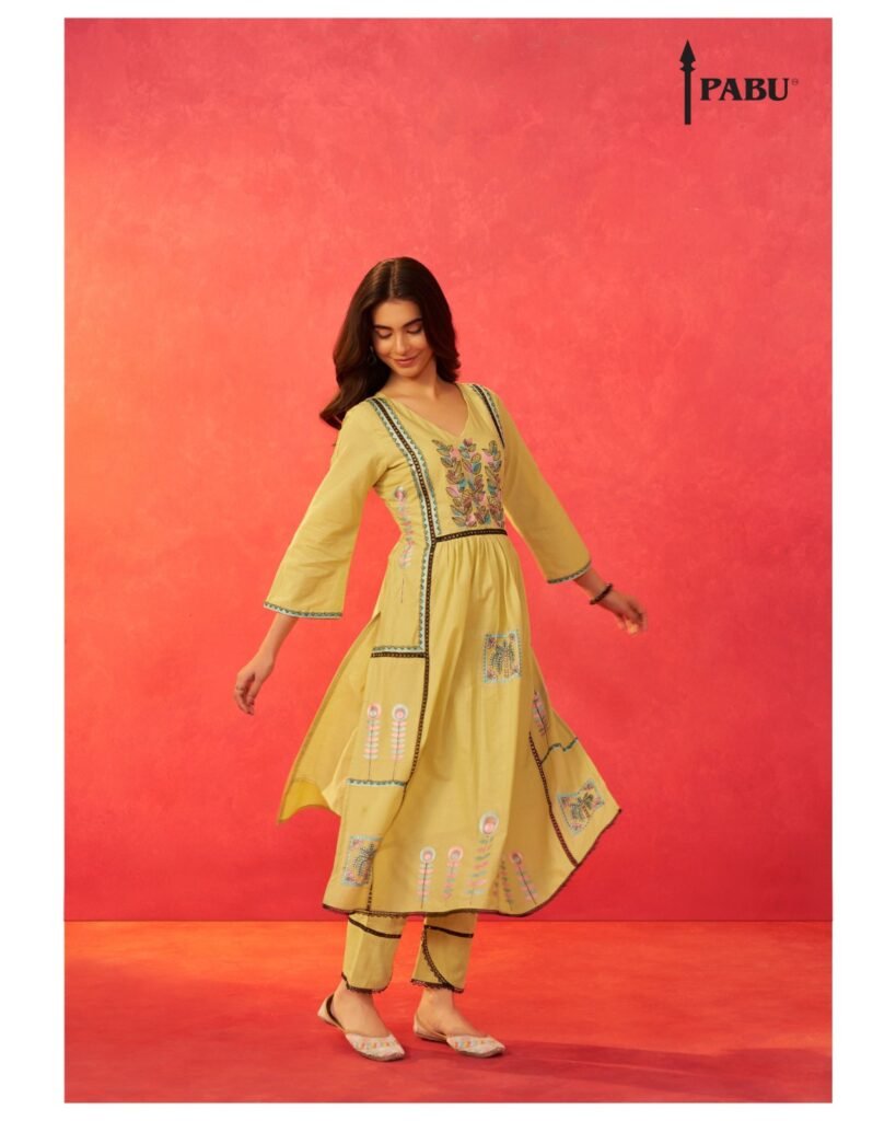 Lime Yellow Embroidered Kurta Set with Tapered Pants Grace meets tradition in this vibrant flared kurta set. Adorned with colorful motifs and elegant detailing. Perfect for festive days and casual celebrations.