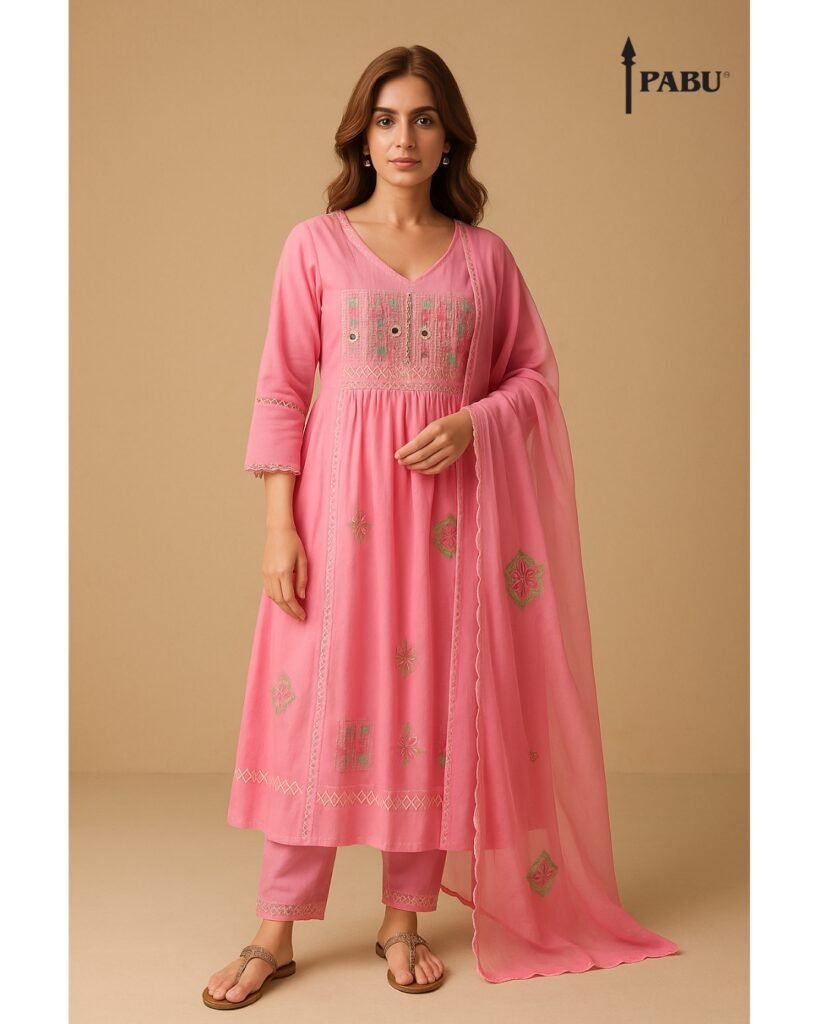 Graceful Pink Embroidered Kurta Set Elevate your ethnic wardrobe with this elegant pink kurta set, featuring delicate thread embroidery and subtle mirror work. Crafted in soft, breathable fabric, it’s perfect for festive gatherings or everyday sophistication.