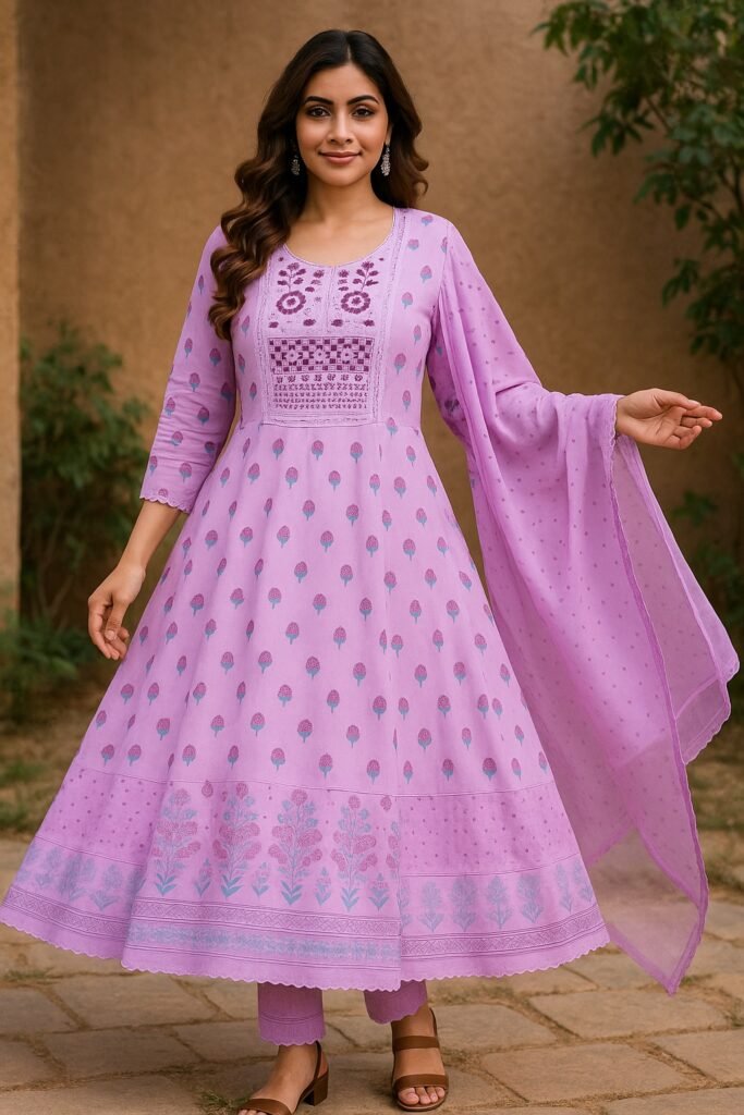 Elevate your ethnic wardrobe with this elegant lavender Anarkali featuring delicate floral prints and intricate embroidered detailing. Crafted from soft cotton fabric, it offers a perfect blend of comfort and grace for festive and everyday wear.